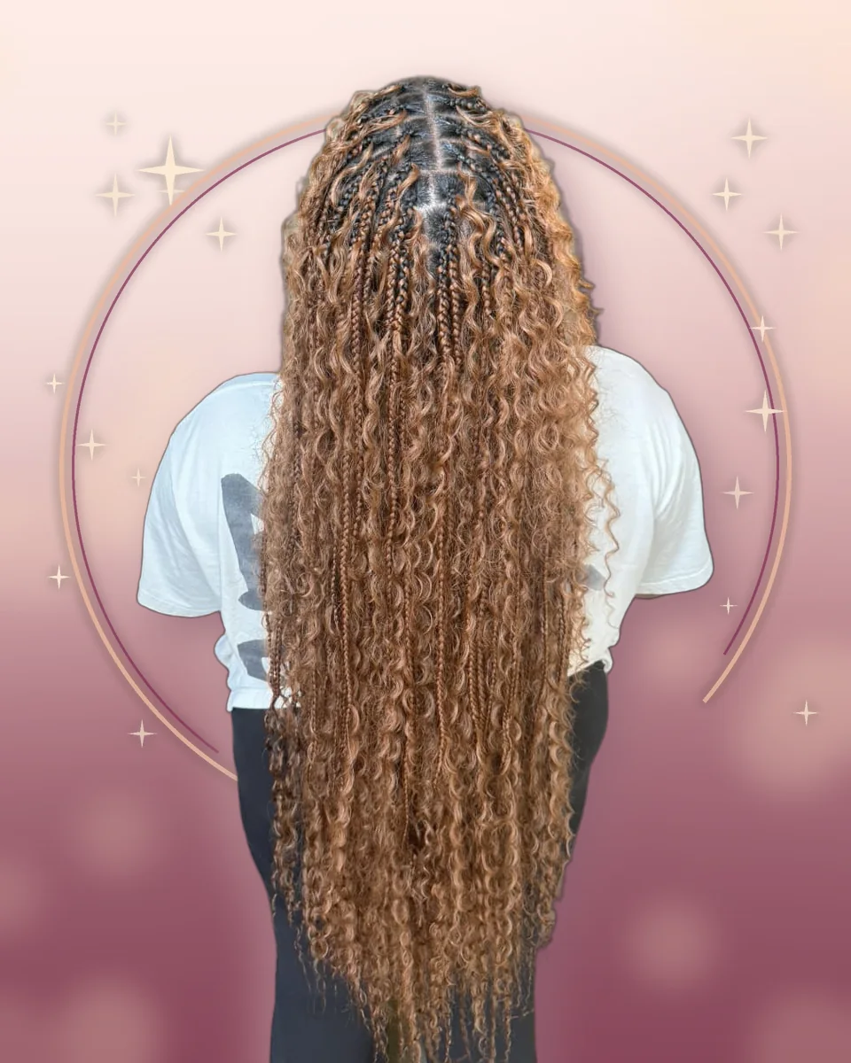Honey blonde boho knotless braids by Lena Hair Braiding